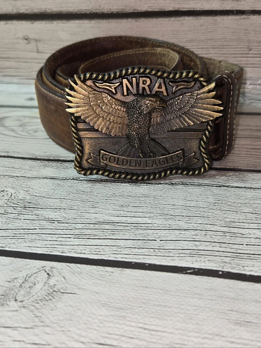 Vintage NRA Golden Eagles Leather Belt Bronze Eagle Buckle Made USA Size 42